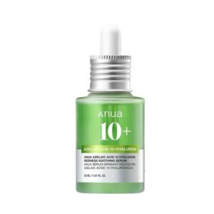 Anua Azelaic Acid 10 Hyaluron Redness Soothing Serum bottle on display.