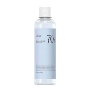 Anua Birch 70% Moisture Boosting Toner showing the product in a sleek bottle.