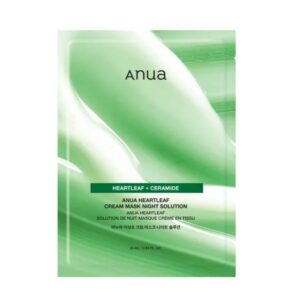 Anua Heartleaf Cream Sheet Mask Night Solution packaging displayed on a clean surface.