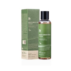 Benton Deep Green Tea Toner bottle with green tea leaves.