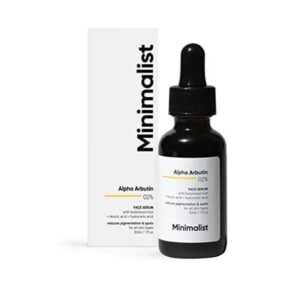 Minimalist Alpha Arbutin 2% Face Serum in a bottle showcasing the product's label and design.