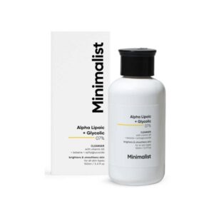 Minimalist Alpha Lipoic + Glycolic Cleanser showing the product packaging.