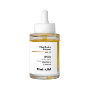Minimalist Frizz Control Complex SPF 30 Hair Serum bottle with frizz control features.