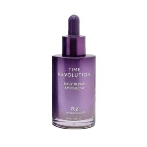 Missha Time Revolution Night Repair Probio Ampoule 5X in a dropper bottle on a marble surface.