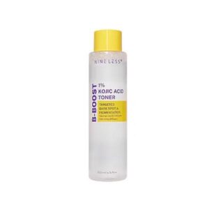 Nineless B-Boost 1% Kojic Acid Toner 200ml bottle on a soft background.