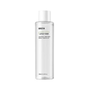 Rovectin Calming Lotus Water Toner bottle with lotus flower background.