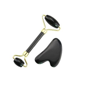 Natural Jade Stone Obsidian Jade Roller & Gua Sha Massage Tool for Face and Body image.