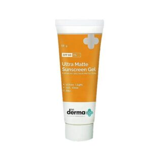 The Derma Co Ultra Matte Sunscreen Gel SPF 60 P+++ in a tube showing the product's gel texture.