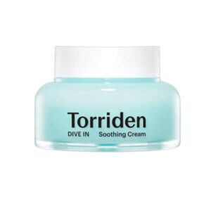 Torriden Dive In Low Molecular Hyaluronic Acid Soothing Cream in a jar with a blue lid.