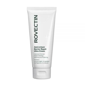 Rovectin Anti-Irritant Barrier Repair Ultra Cream in a jar with cream texture visible.